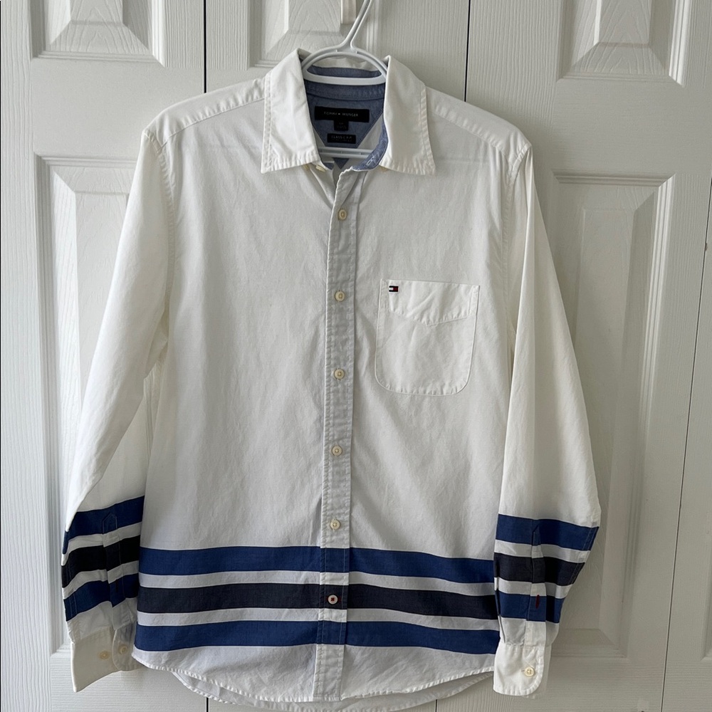 Tommy Hilfiger White and Blue Casual Button Down Shirt